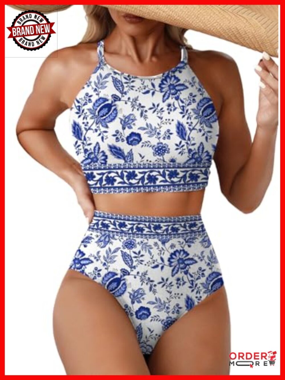 High Neck Tropical Print High Waisted Bikini Set